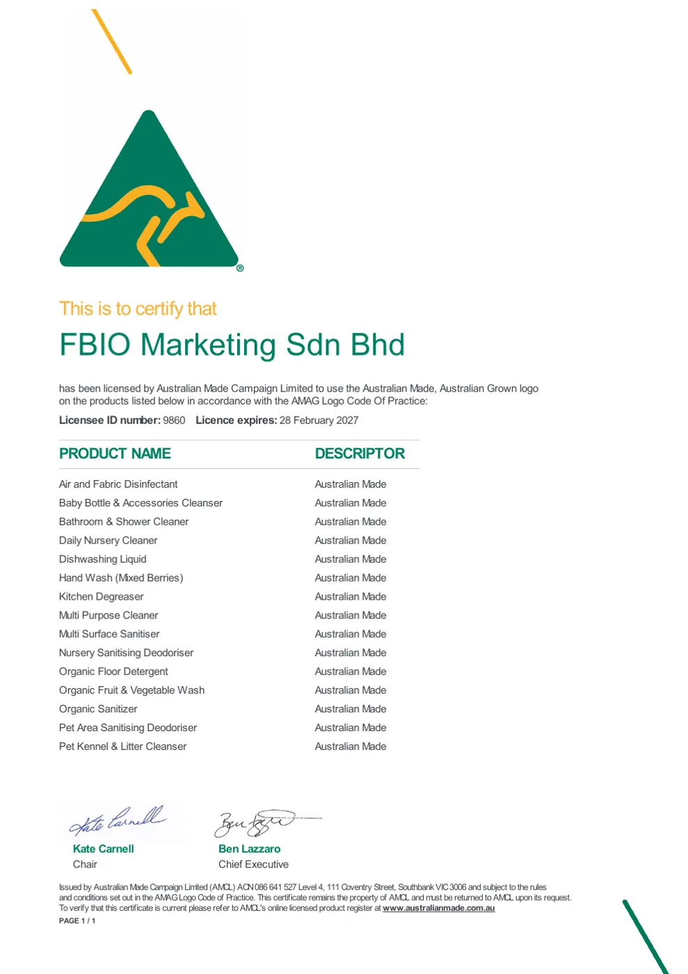 Sertifikat Australian Made licence 9860 - FBIO Marketing Sdn Bhd, 15 produk Bacoff, berlaku hingga 28 Februari 2027