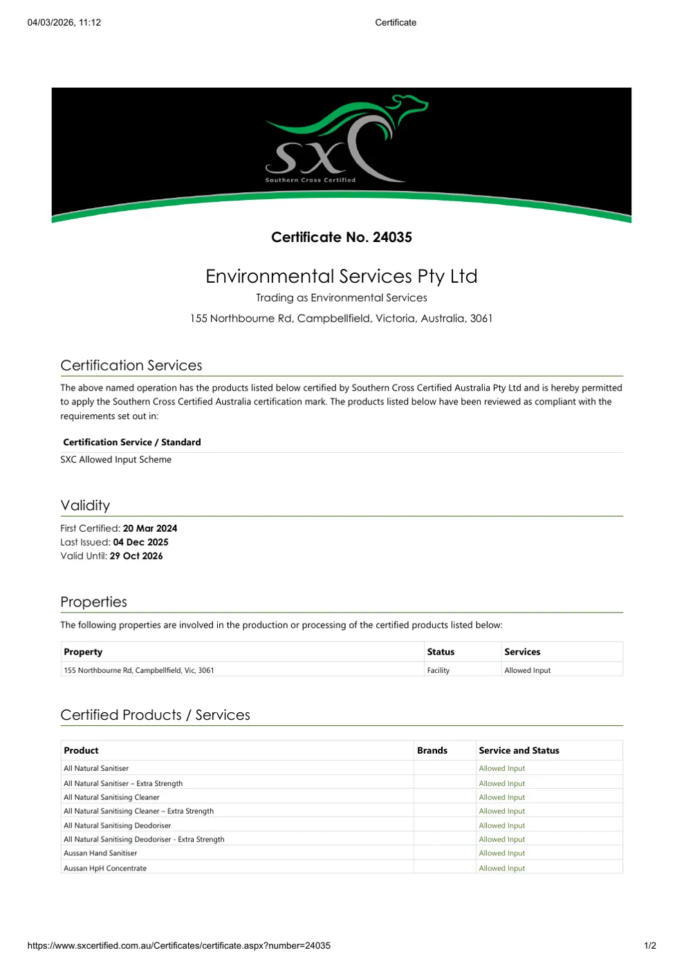 Sertifikat Southern Cross Certified Australia no. 24035, halaman 1 - Environmental Services Pty Ltd, Campbellfield